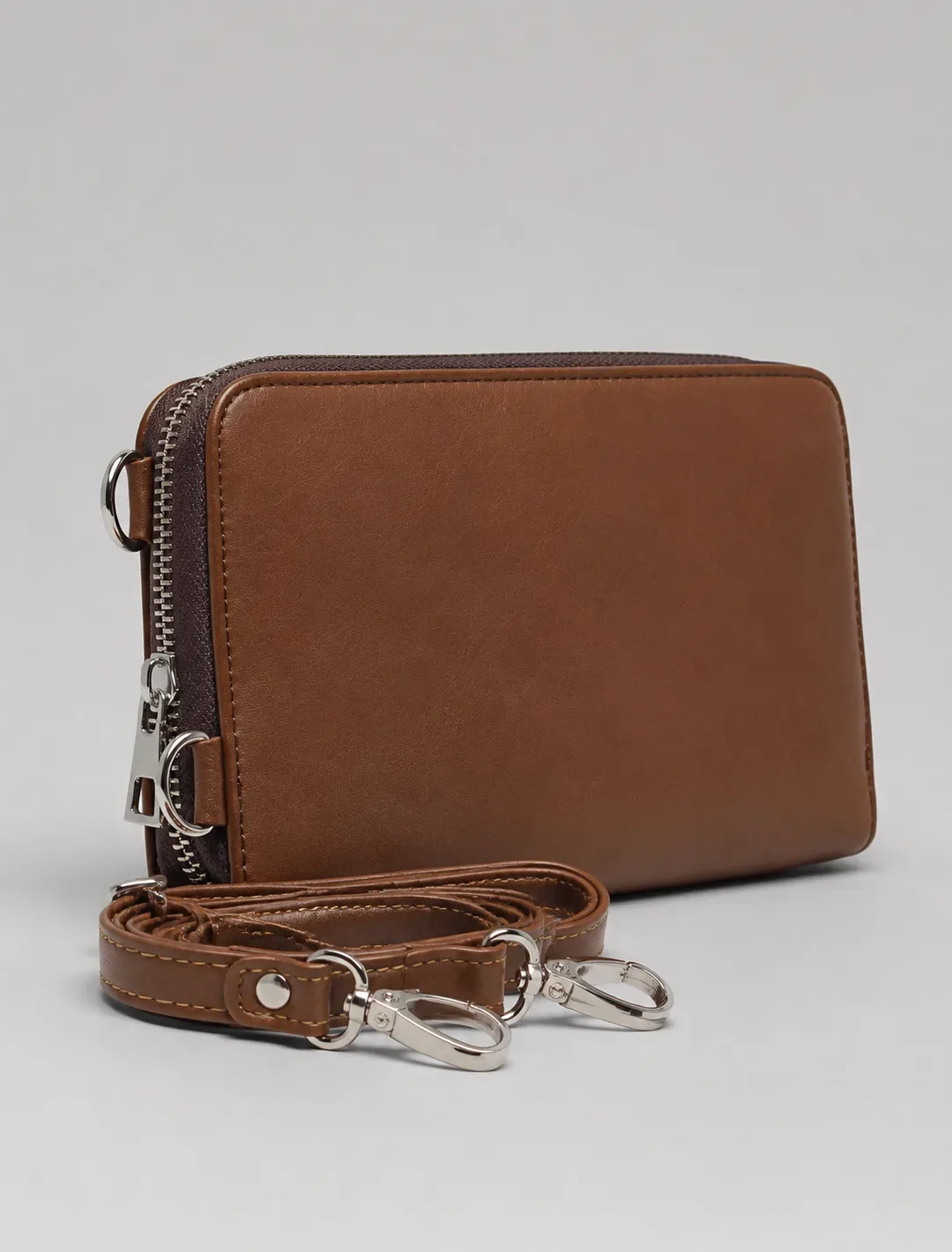 Minimalist Brown Leather Phone Crossbody Bag | Unisex Vertical Pouch