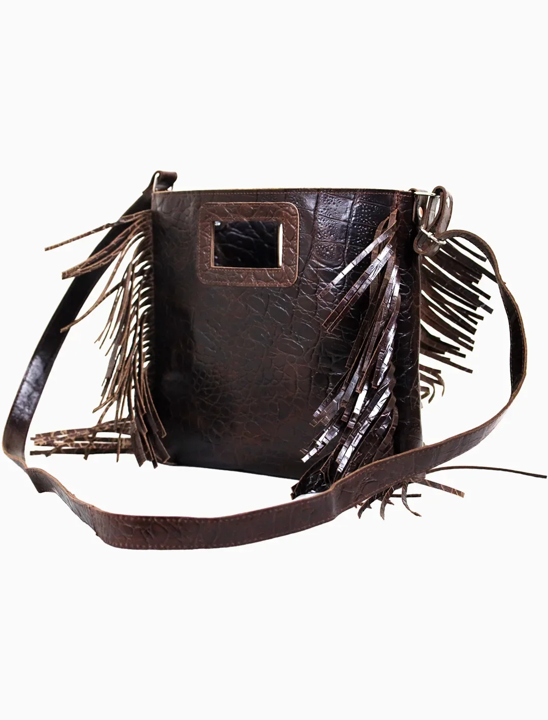 Croco-Embossed Leather Fringe Tote | Dark Brown Statement Western Bag