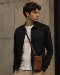 Minimalist Brown Leather Phone Crossbody Bag | Unisex Vertical Pouch