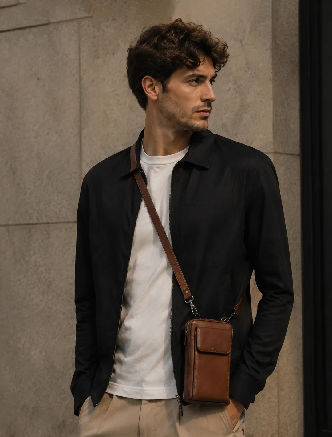 Minimalist Brown Leather Phone Crossbody Bag | Unisex Vertical Pouch