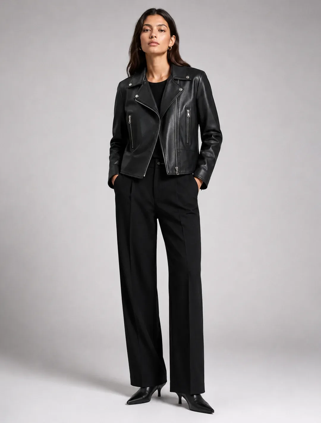 Classic Black Leather Biker Jacket | Women's Cropped Moto Jacket