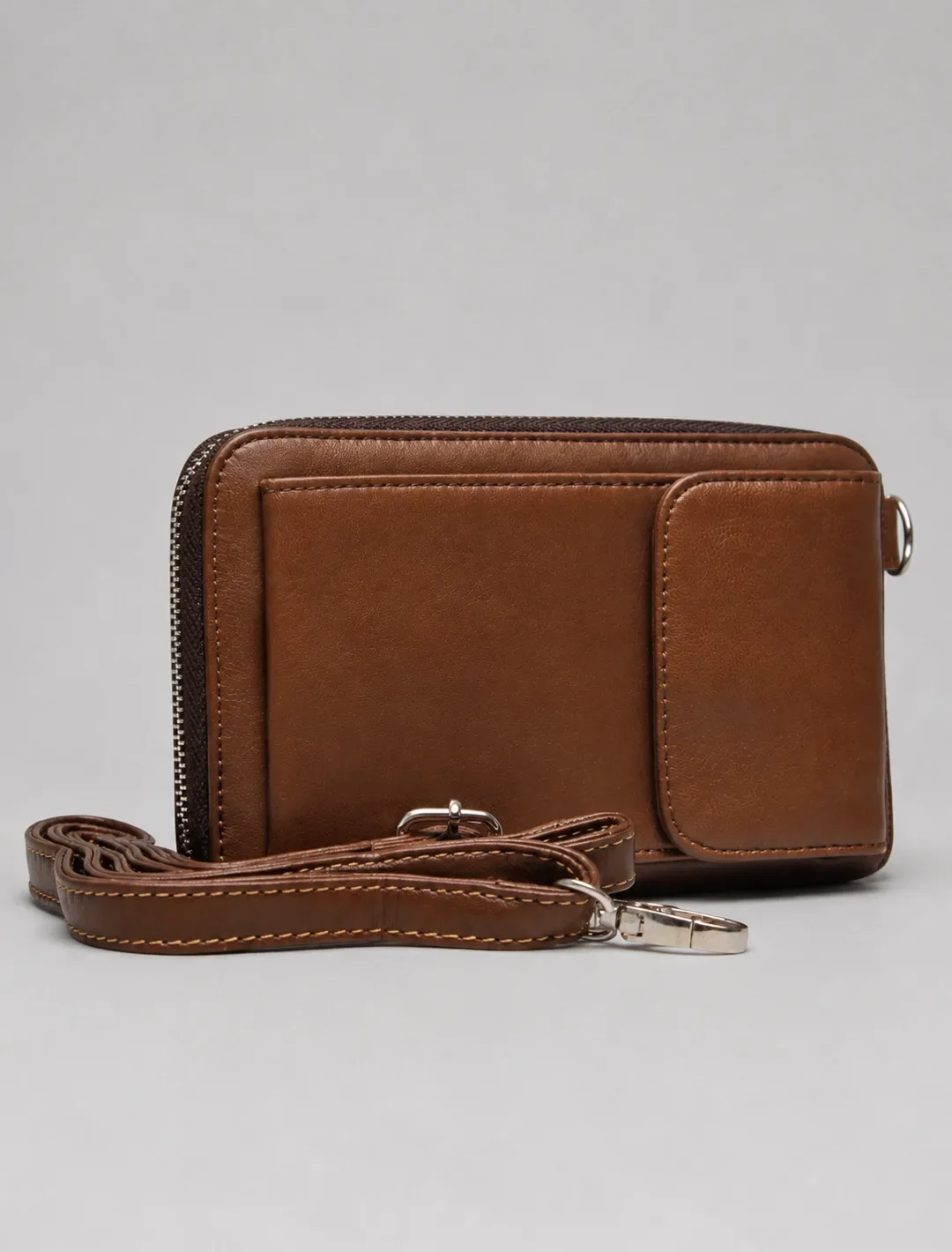 Minimalist Brown Leather Phone Crossbody Bag | Unisex Vertical Pouch