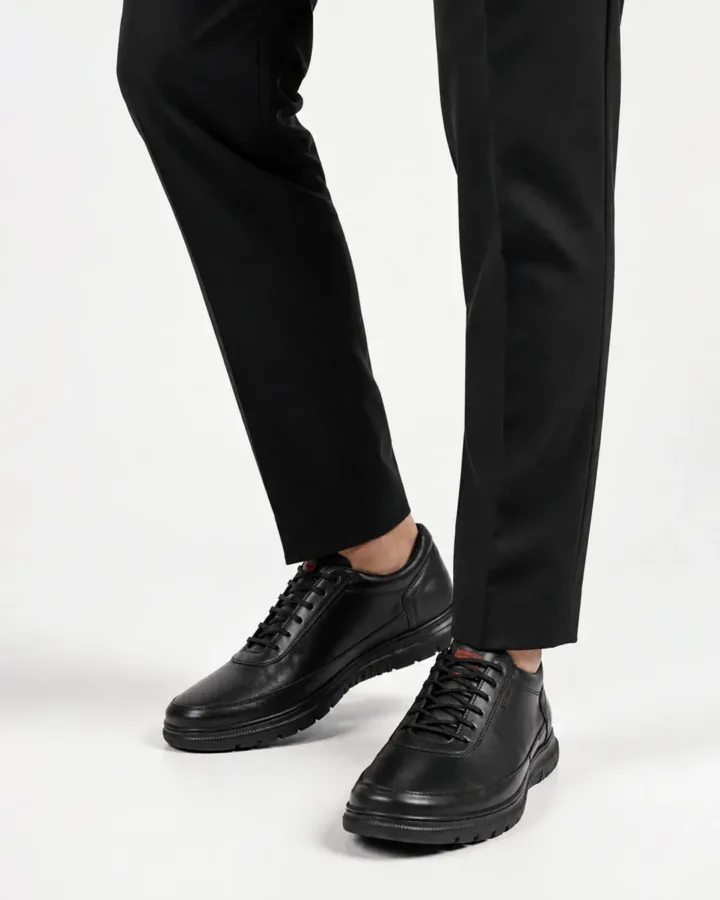 Black Leather Casual Sneakers with Red Accent
