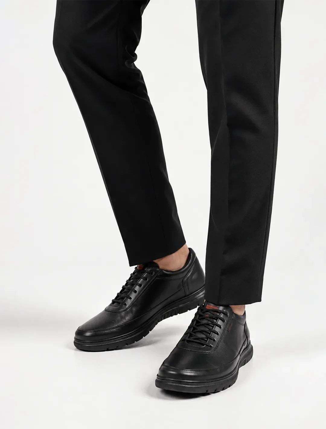 Black Leather Casual Sneakers with Red Accent | Minimalist Comfort Trainers