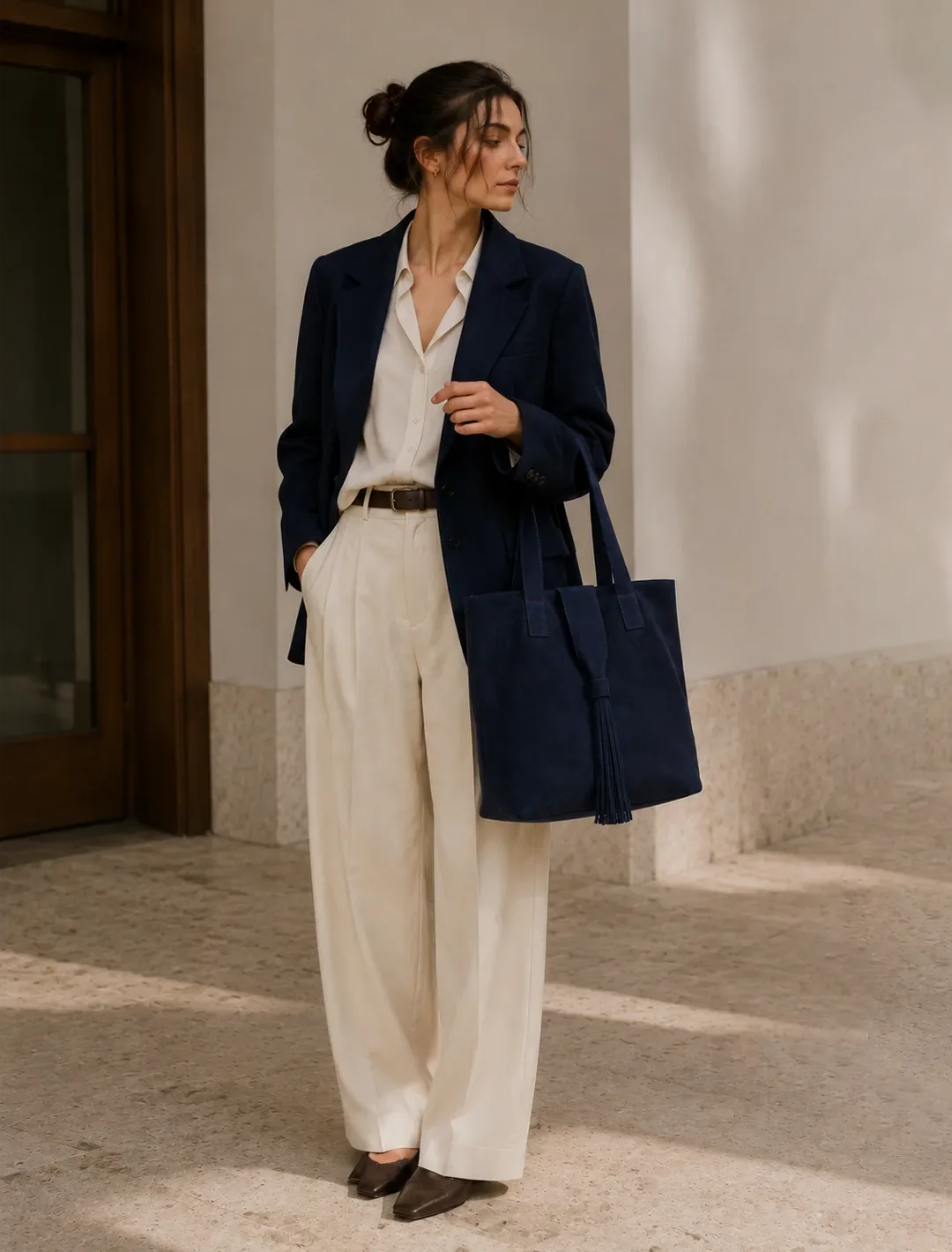 Large Navy Blue Suede Tote Bag | Tassel Shoulder Bag