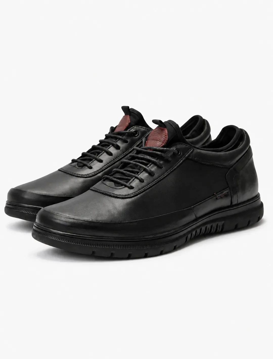 Black Leather Casual Sneakers with Red Accent | Minimalist Comfort Trainers