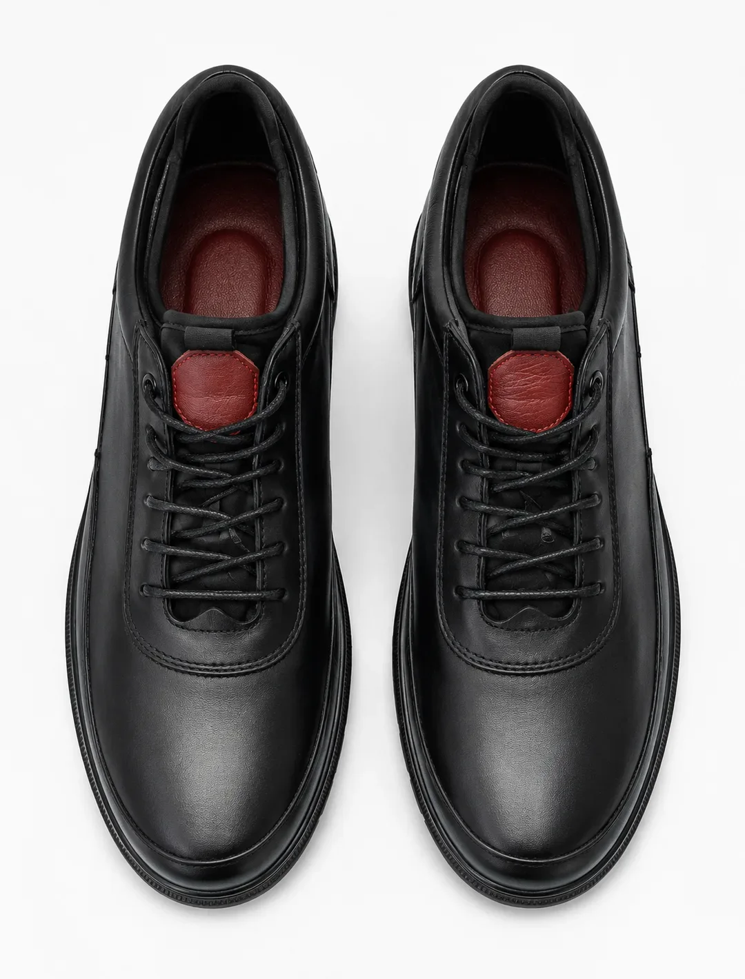 Black Leather Casual Sneakers with Red Accent | Minimalist Comfort Trainers