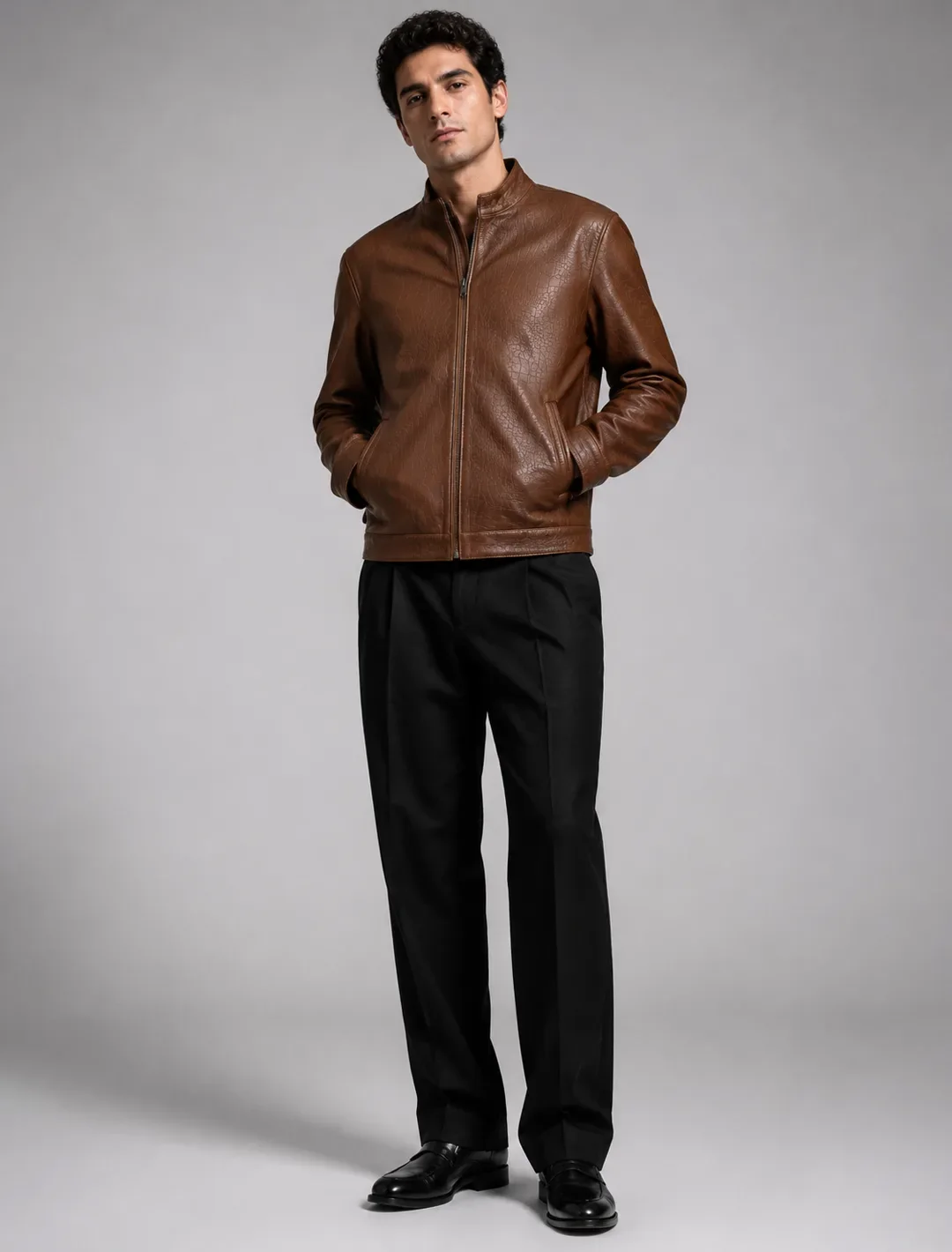 Classic Brown Croco-Embossed Leather Jacket | Men's Zip-Front Stand Collar Jacket