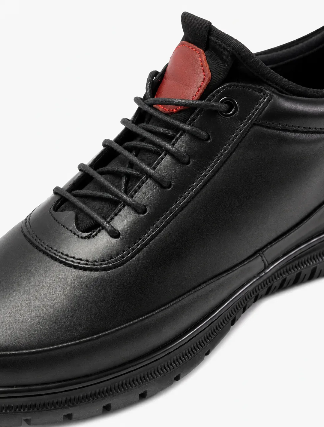 Black Leather Casual Sneakers with Red Accent | Minimalist Comfort Trainers