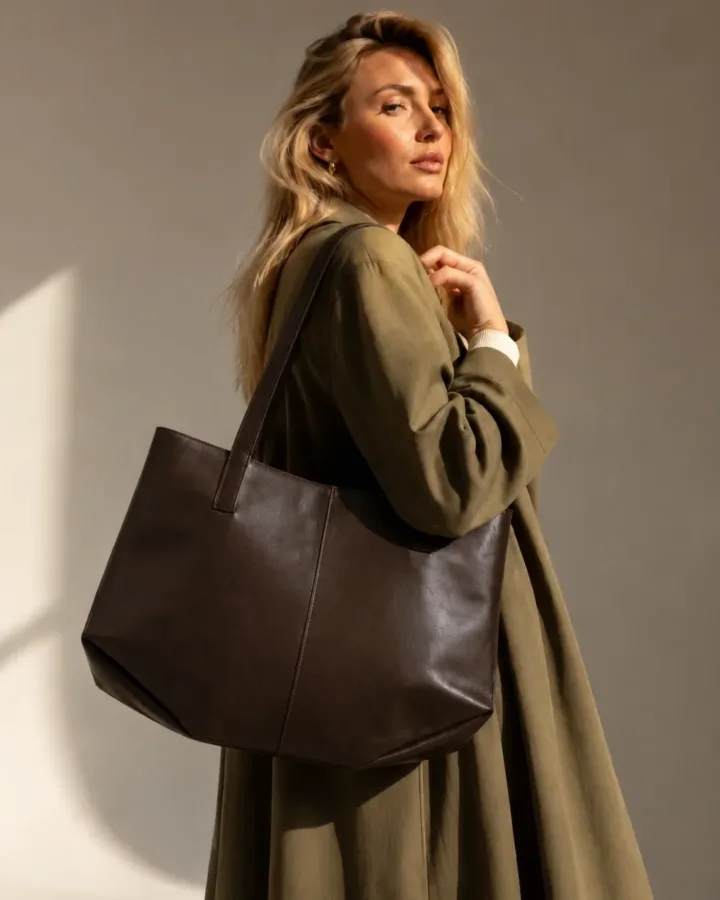Large Dark Brown Leather Tote Bag with Pouch