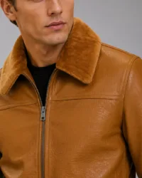 Tan Croco Leather Aviator Jacket | Men's Shearling Collar Zip Jacket