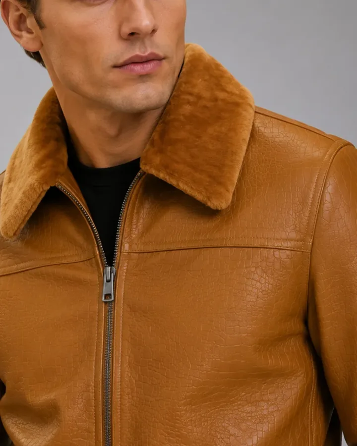 Tan Croco Leather Aviator Jacket