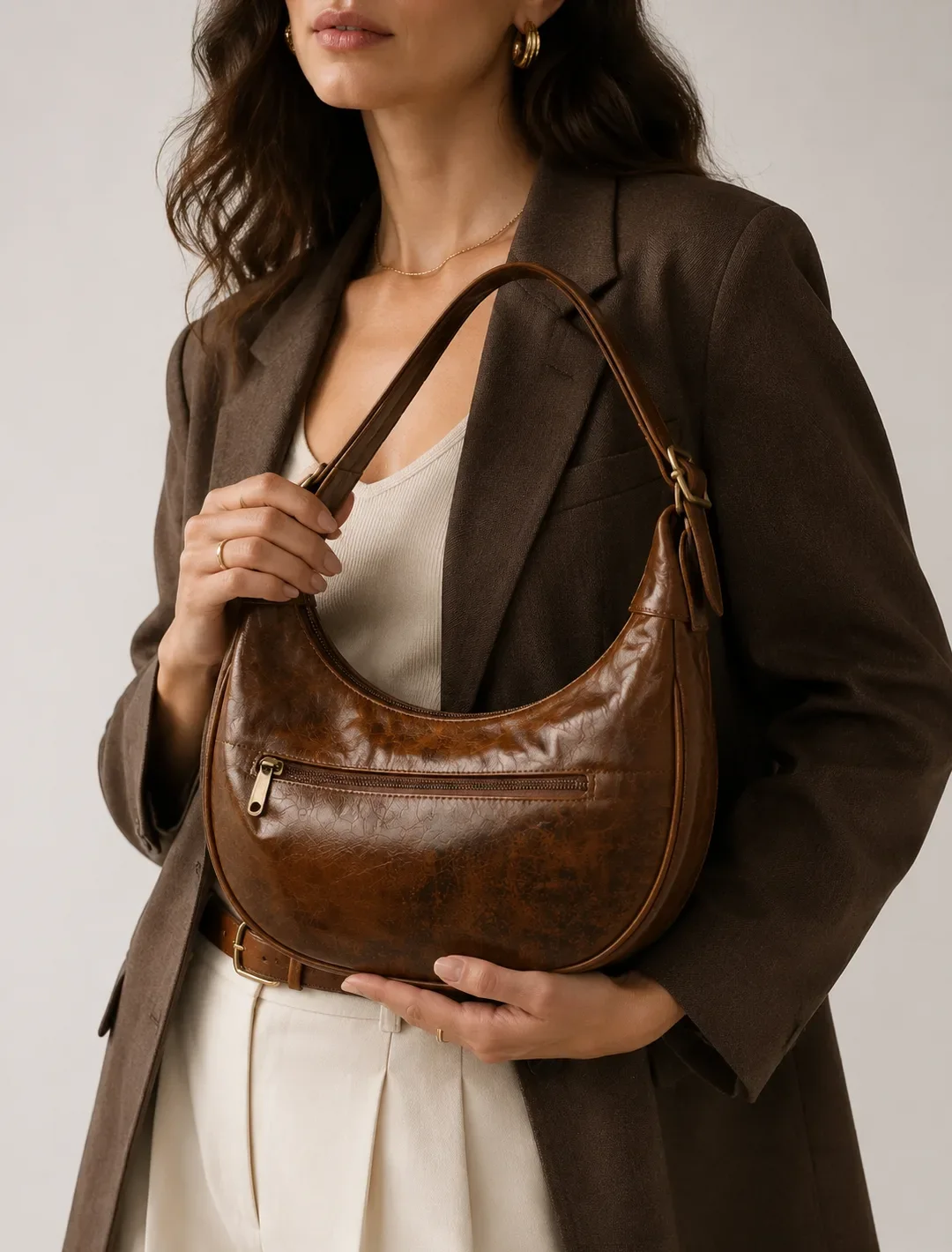 Crescent Brown Leather Hobo Bag | Half Moon Shoulder Bag