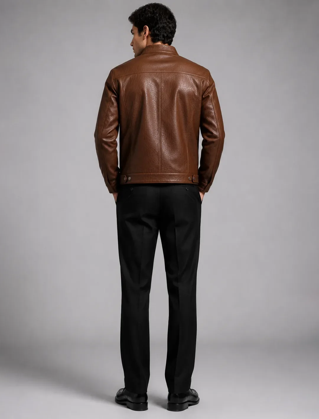 Classic Brown Croco-Embossed Leather Jacket | Men's Zip-Front Stand Collar Jacket