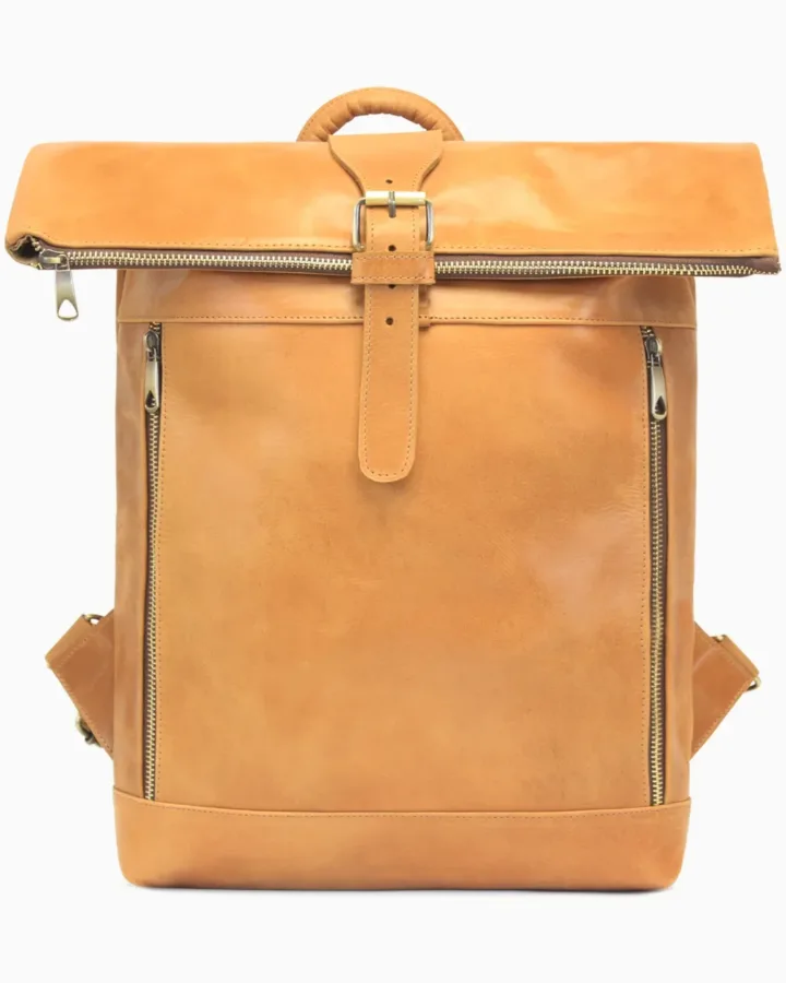 Large Tan Leather Roll-Top Backpack