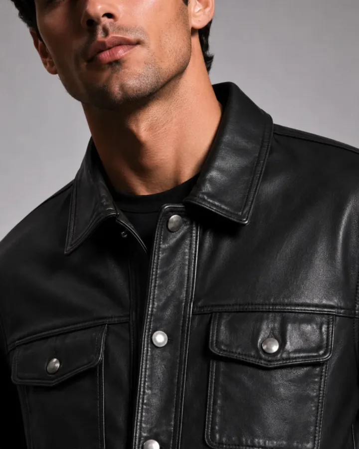 Classic Black Leather Trucker Jacket