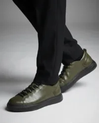 Men's Minimalist Olive Leather Sneakers | Premium Low-Top Urban Trainers