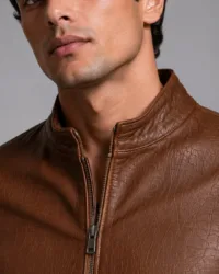 Classic Brown Croco-Embossed Leather Jacket | Men's Zip-Front Stand Collar Jacket