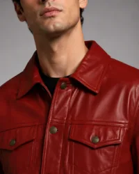 Classic Red Leather Trucker Jacket | Men's Button-Front Shirt Collar Jacket