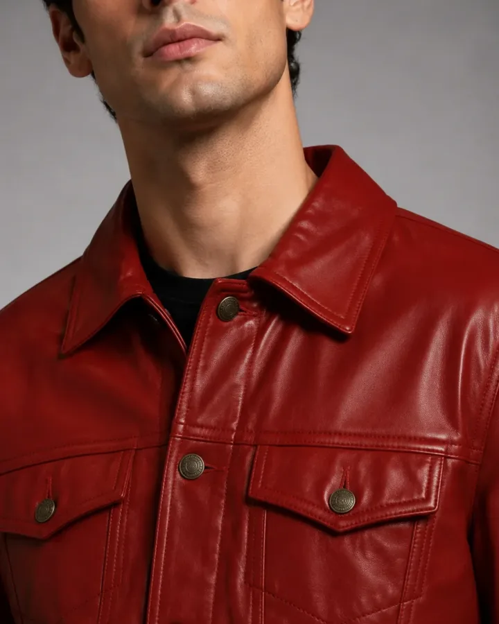 Classic Red Leather Trucker Jacket
