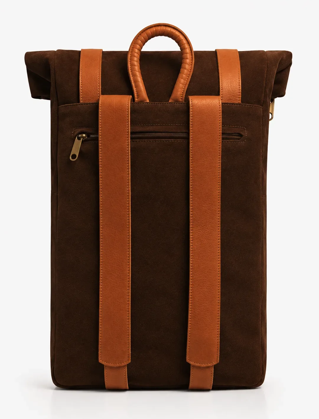 Dark Brown Suede and Leather Roll-Top Backpack | Minimalist Travel Backpack