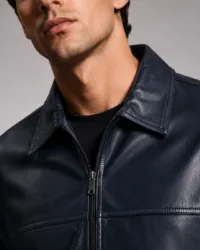 Classic Navy Blue Leather Bomber Jacket | Unisex Zip-Up Aviator Jacket