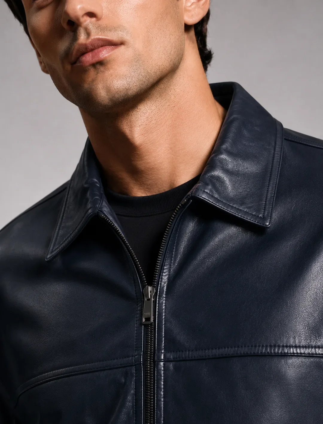 Classic Navy Blue Leather Bomber Jacket | Unisex Zip-Up Aviator Jacket