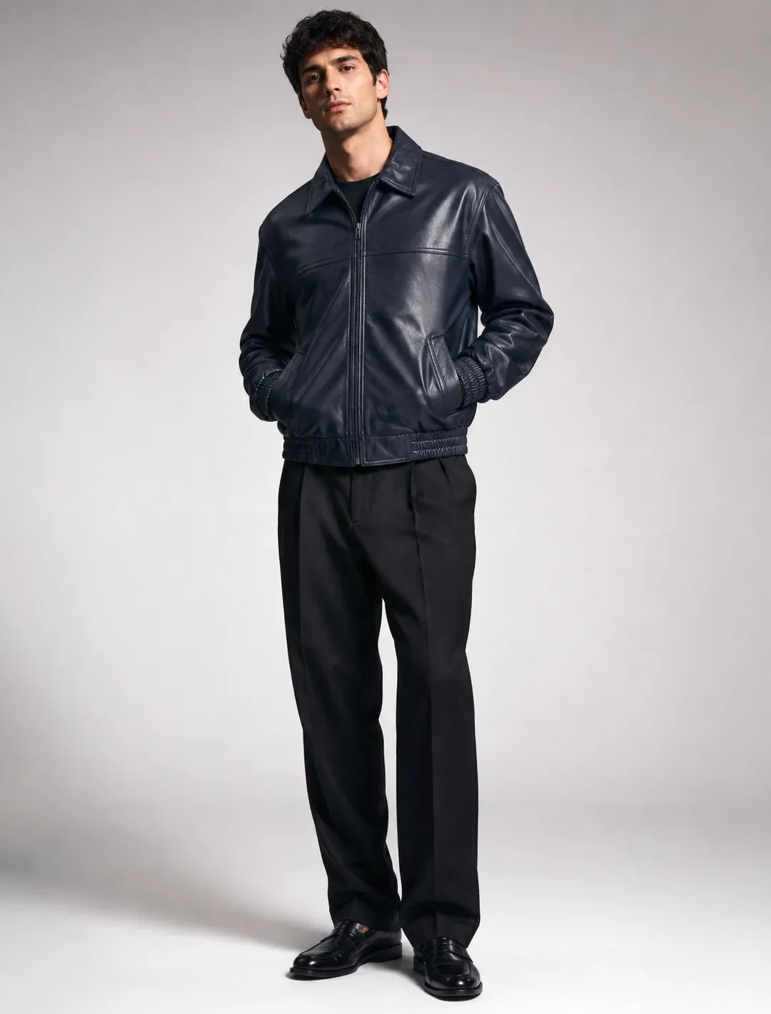 Classic Navy Blue Leather Bomber Jacket | Unisex Zip-Up Aviator Jacket