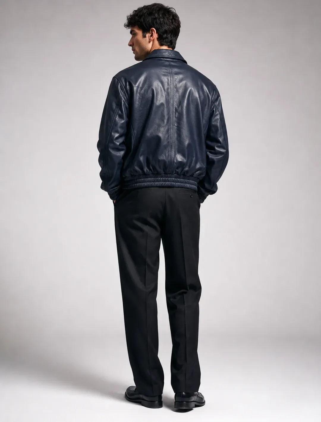 Classic Navy Blue Leather Bomber Jacket | Unisex Zip-Up Aviator Jacket