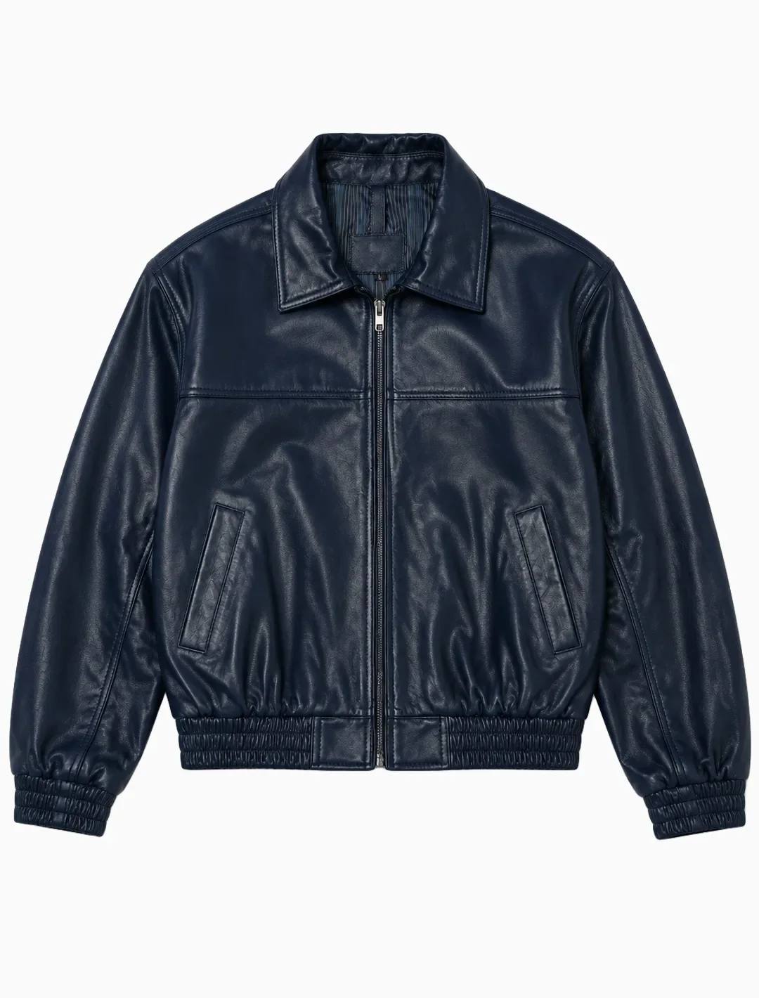 Classic Navy Blue Leather Bomber Jacket | Unisex Zip-Up Aviator Jacket