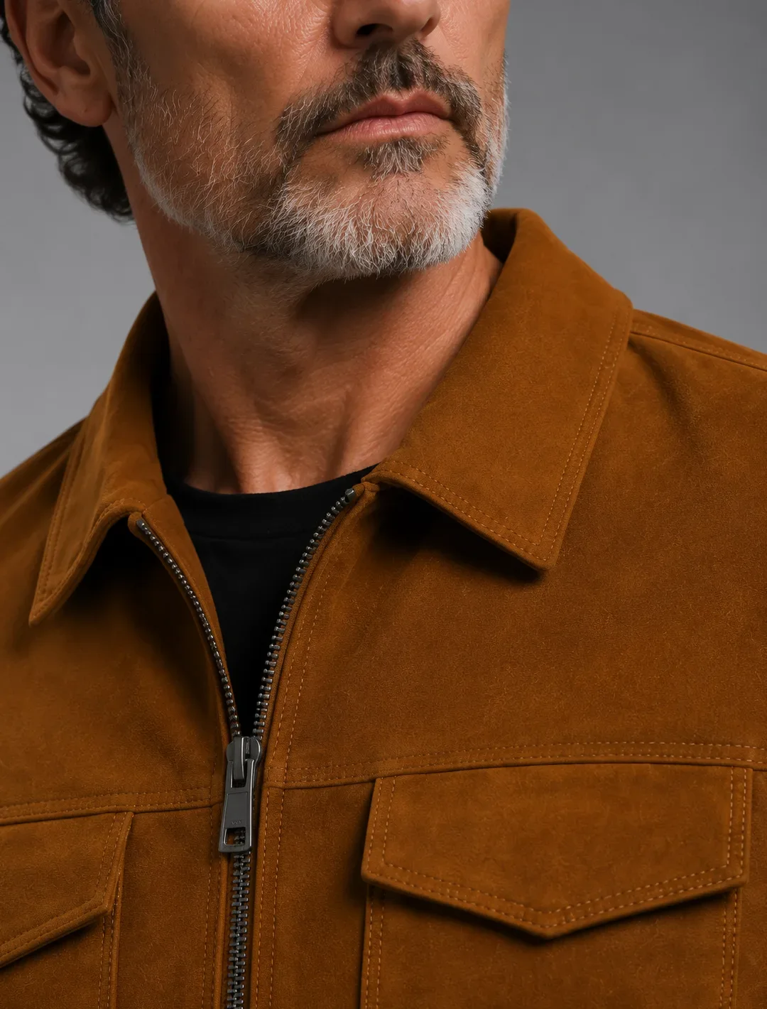 Classic Brown Suede Workwear Jacket | Men's Zip-Front Utility Shirt Jacket