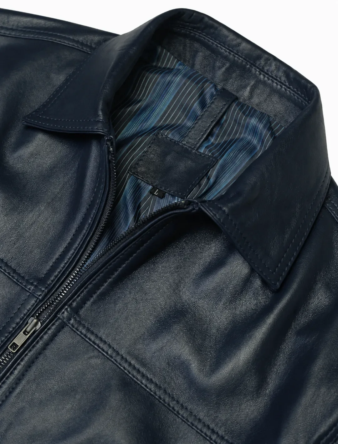 Classic Navy Blue Leather Bomber Jacket | Unisex Zip-Up Aviator Jacket