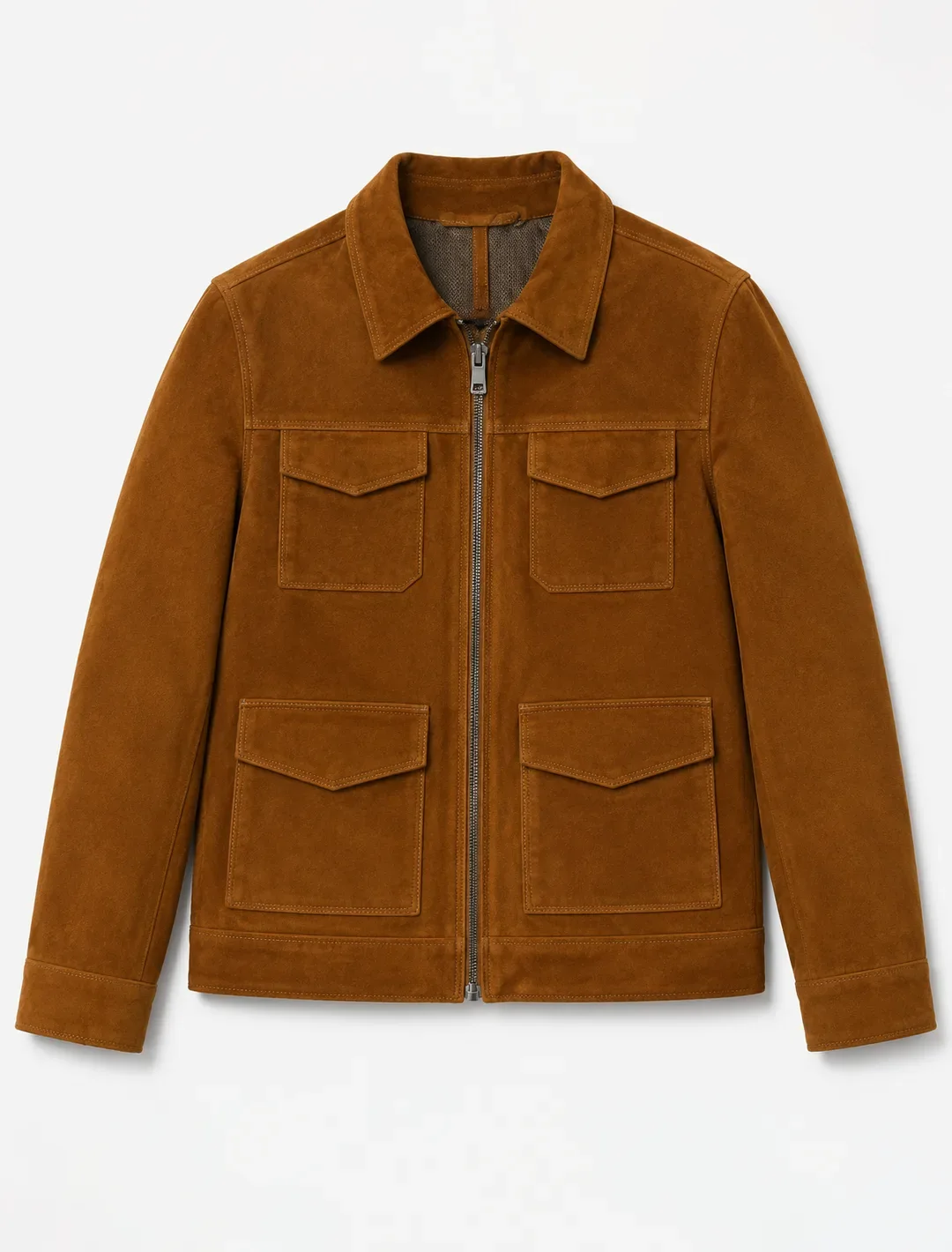 Classic Brown Suede Workwear Jacket | Men's Zip-Front Utility Shirt Jacket