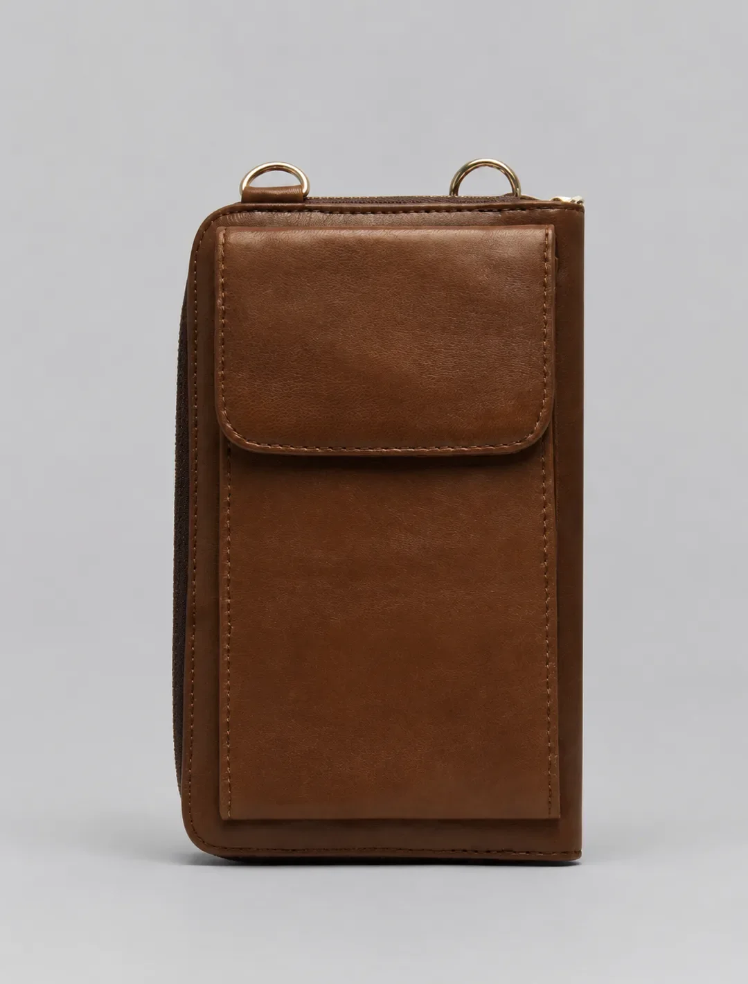 Minimalist Brown Leather Phone Crossbody Bag | Unisex Vertical Pouch