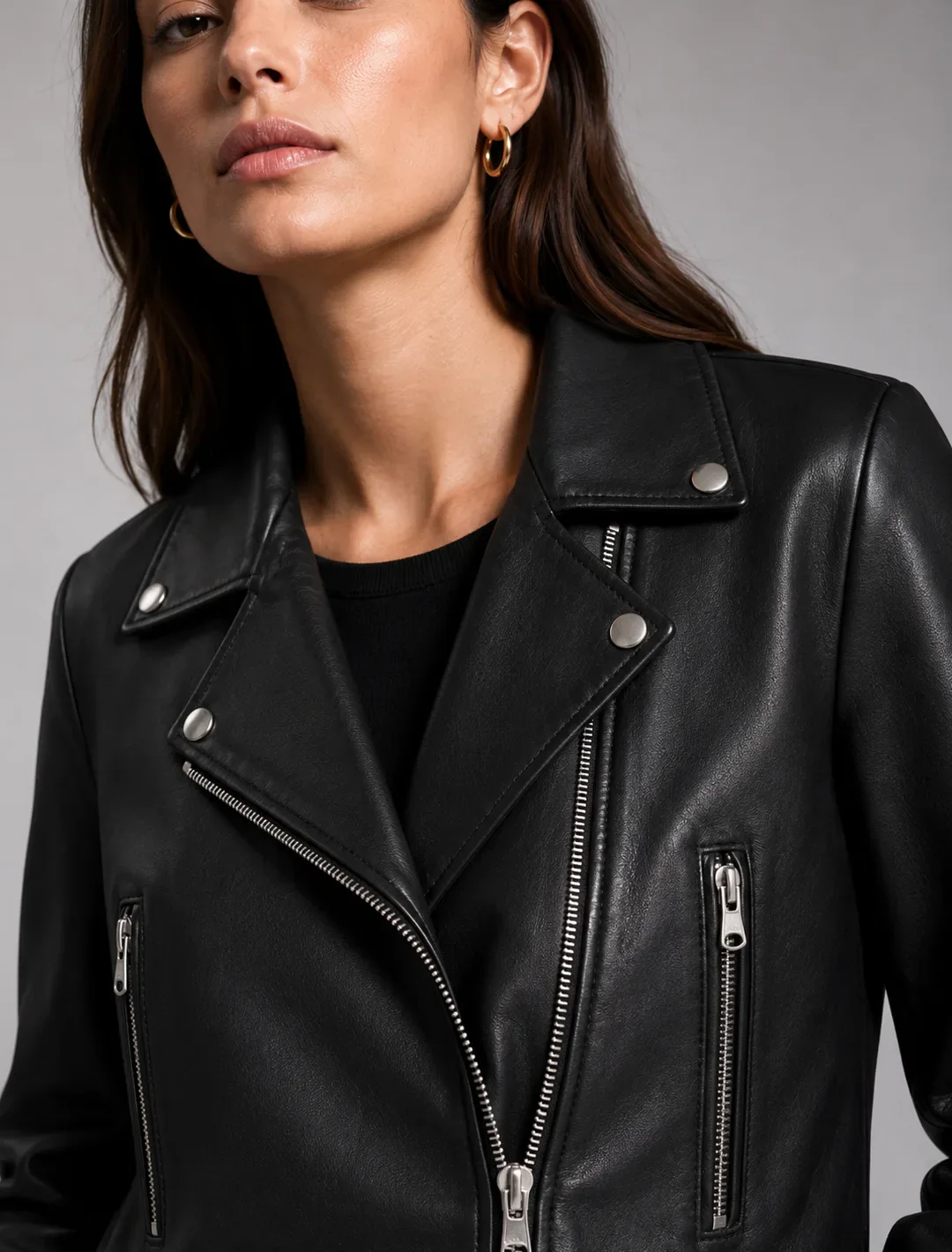 Classic Black Leather Biker Jacket | Women's Cropped Moto Jacket