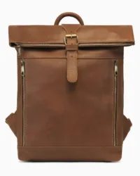 Large Brown Leather Roll-Top Backpack | Minimalist Travel Backpack
