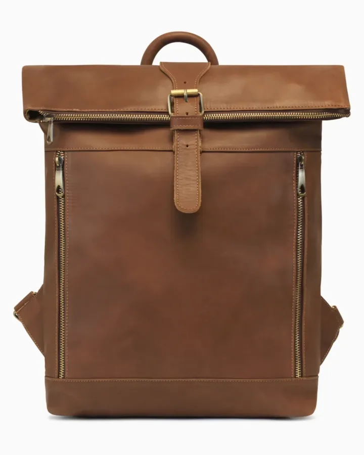 Large Brown Leather Roll-Top Backpack