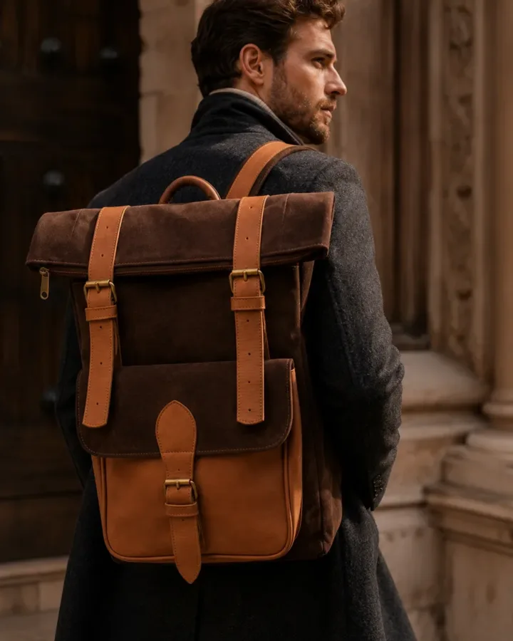 Dark Brown Suede and Leather Roll-Top Backpack