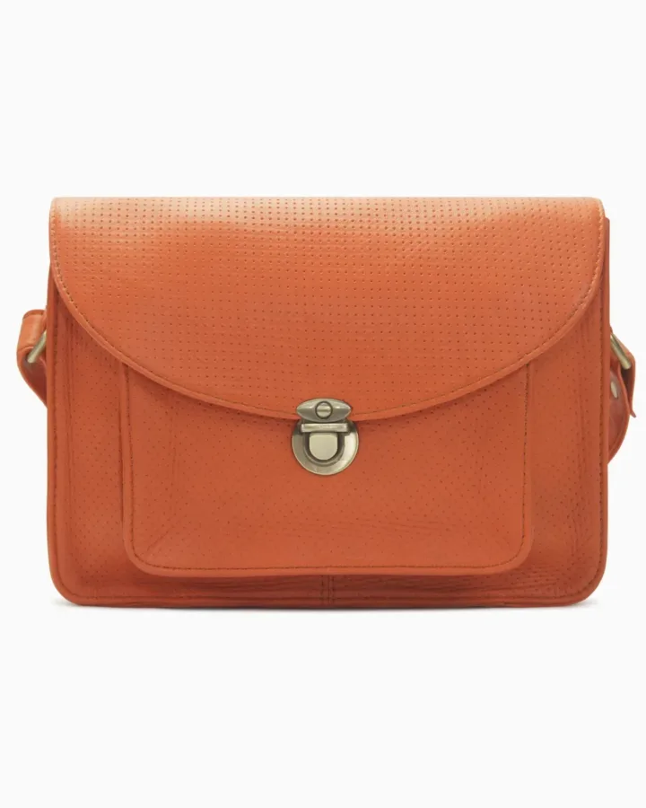 Perforated Tangerine Leather Messenger Bag