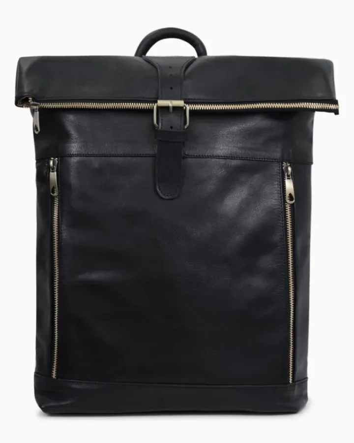 Modern Black Leather Roll-Top Backpack