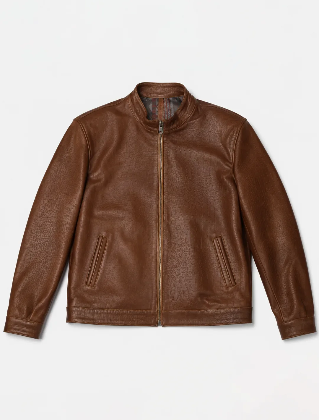 Classic Brown Croco-Embossed Leather Jacket | Men's Zip-Front Stand Collar Jacket