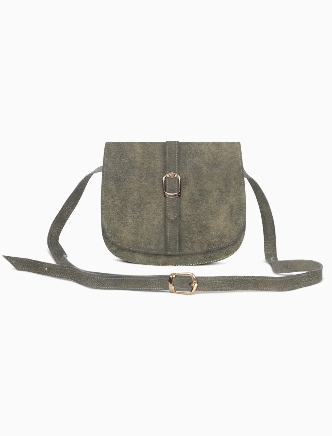 Minimalist Sage Olive Leather Saddle Bag | Elegant Curvy Crossbody