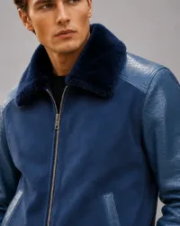 Navy Blue Croco Leather Aviator Jacket | Men's Shearling Collar Bomber Jacket