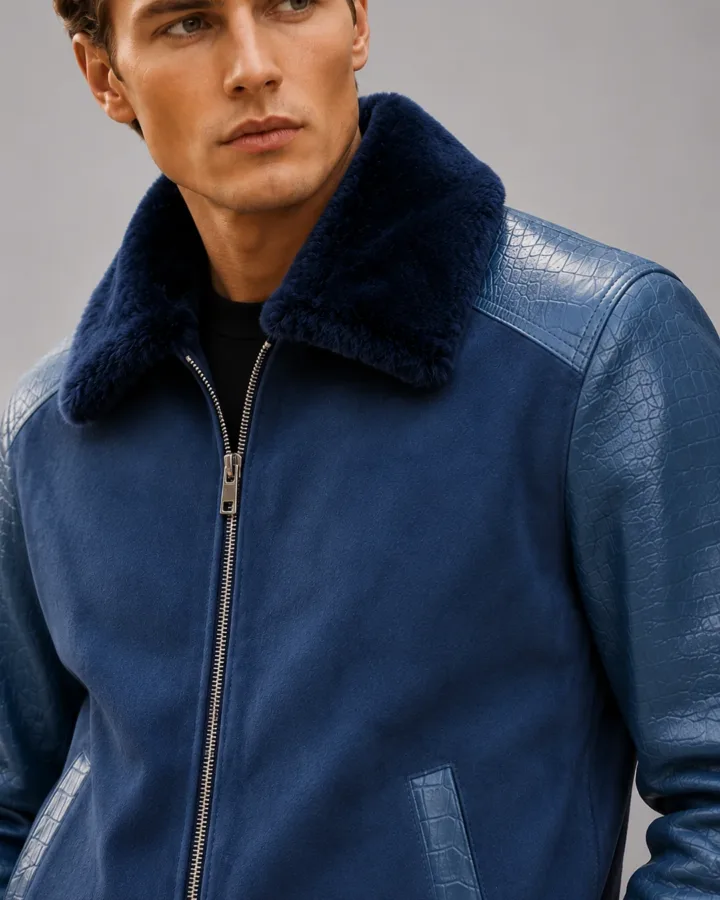 Navy Blue Croco Leather Aviator Jacket
