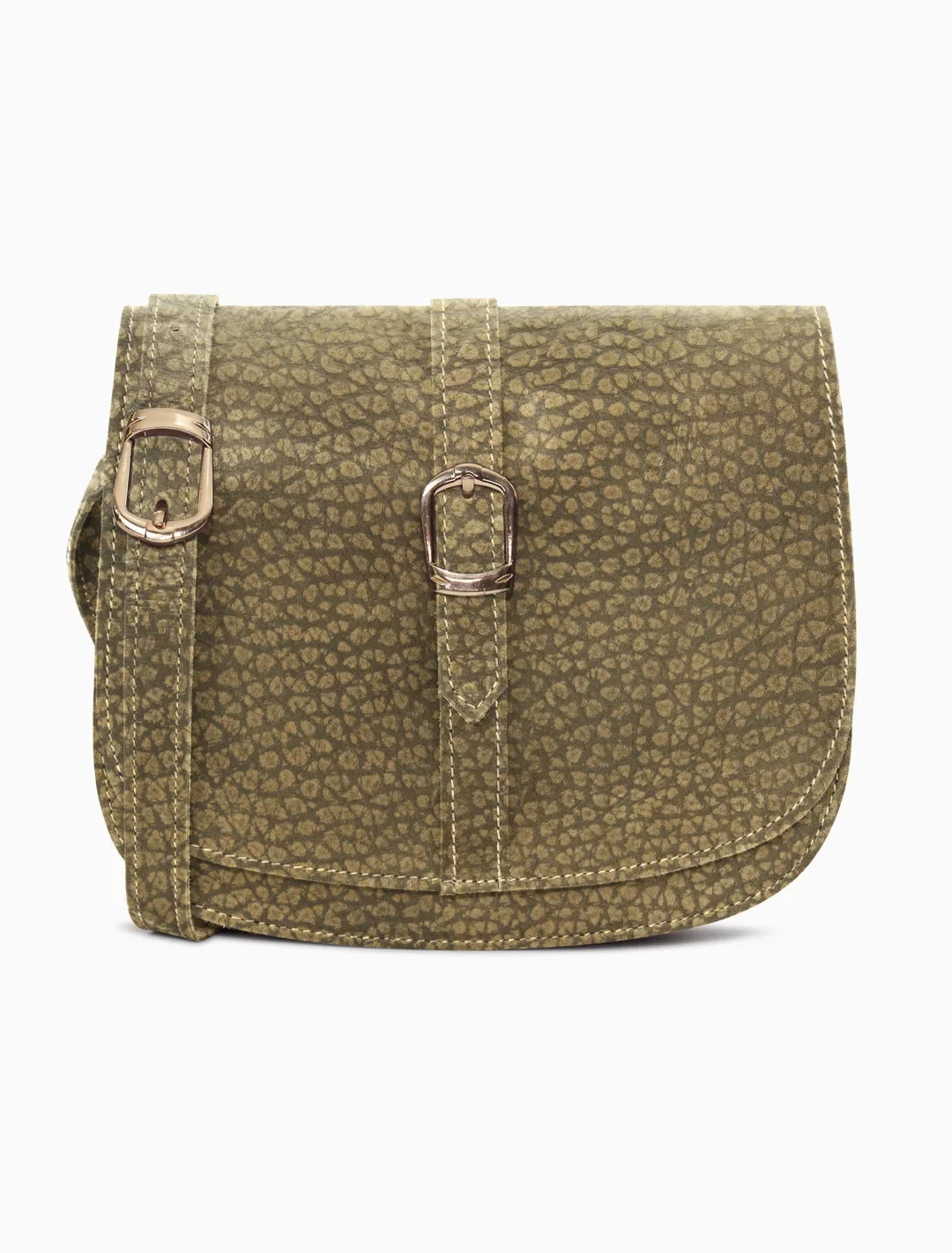 Minimalist Textured Olive Leather Saddle Bag | Elegant Curvy Crossbody