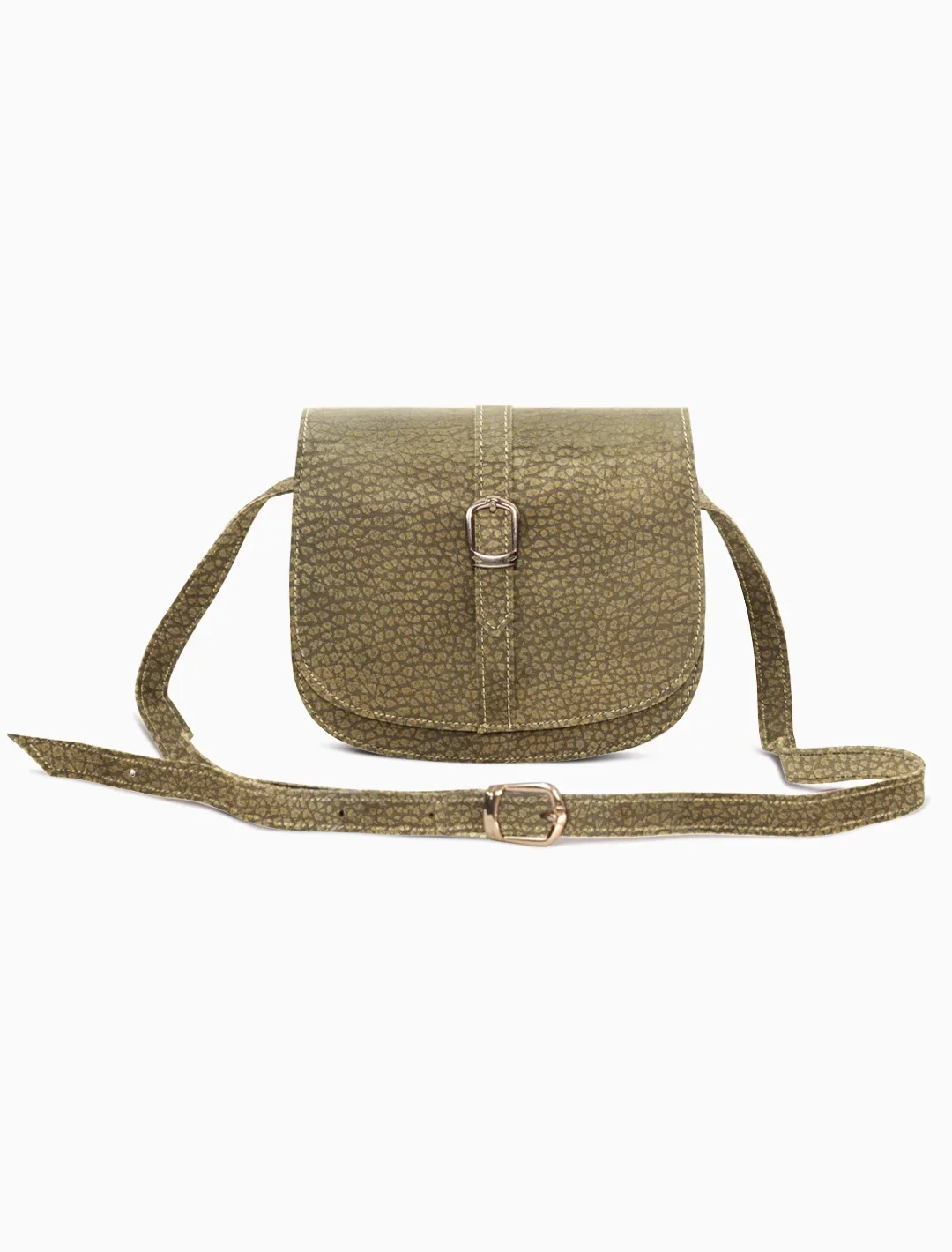 Minimalist Textured Olive Leather Saddle Bag | Elegant Curvy Crossbody
