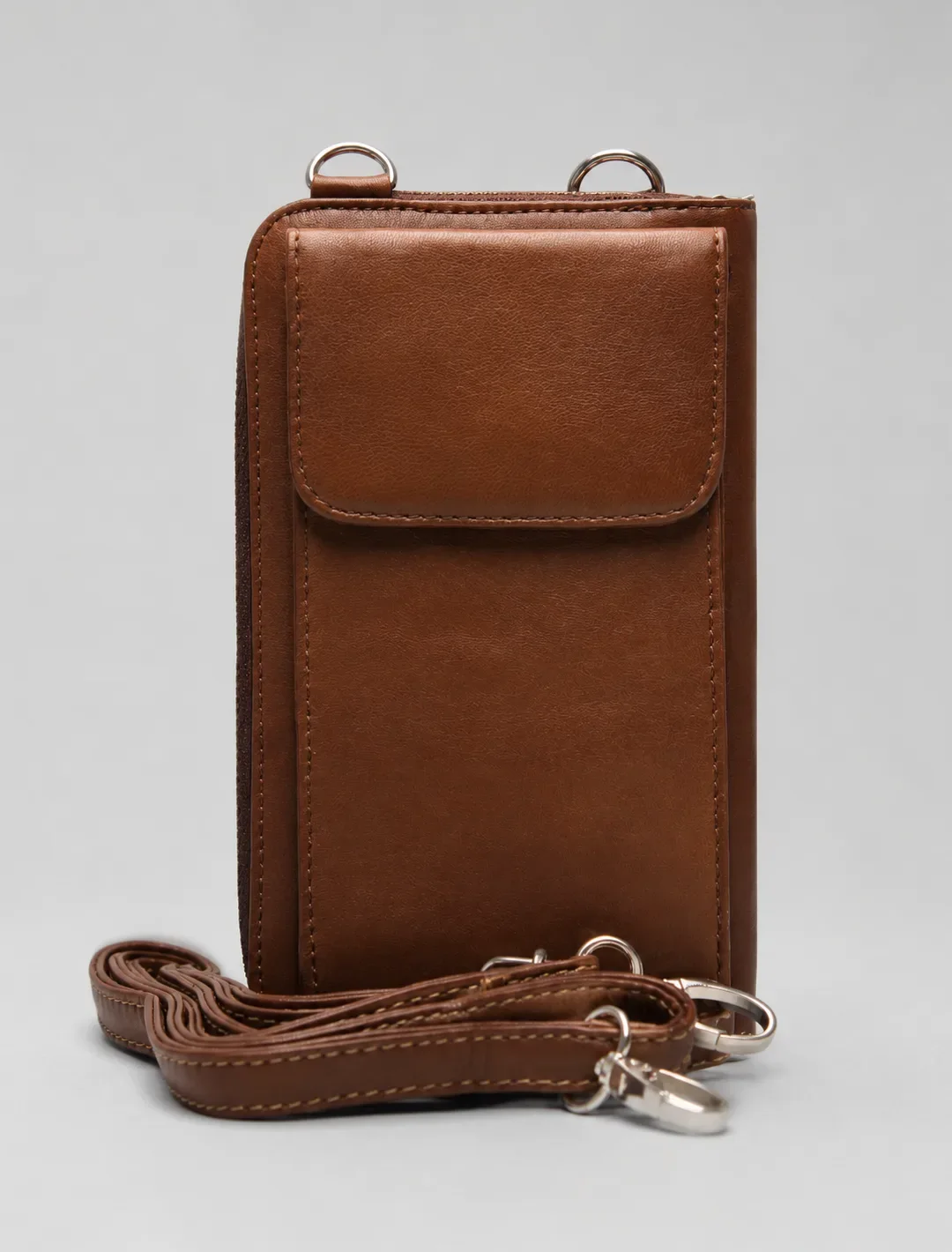 Minimalist Brown Leather Phone Crossbody Bag | Unisex Vertical Pouch