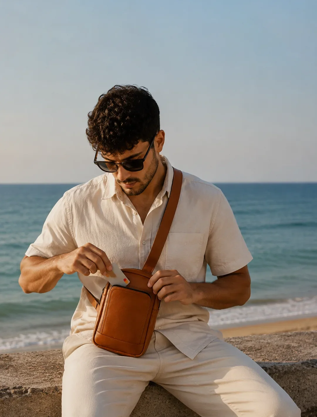 Minimalist Cognac Leather Sling Bag | Vertical Crossbody Chest Bag
