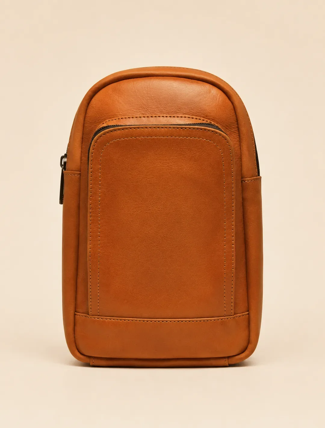 Minimalist Cognac Leather Sling Bag | Vertical Crossbody Chest Bag