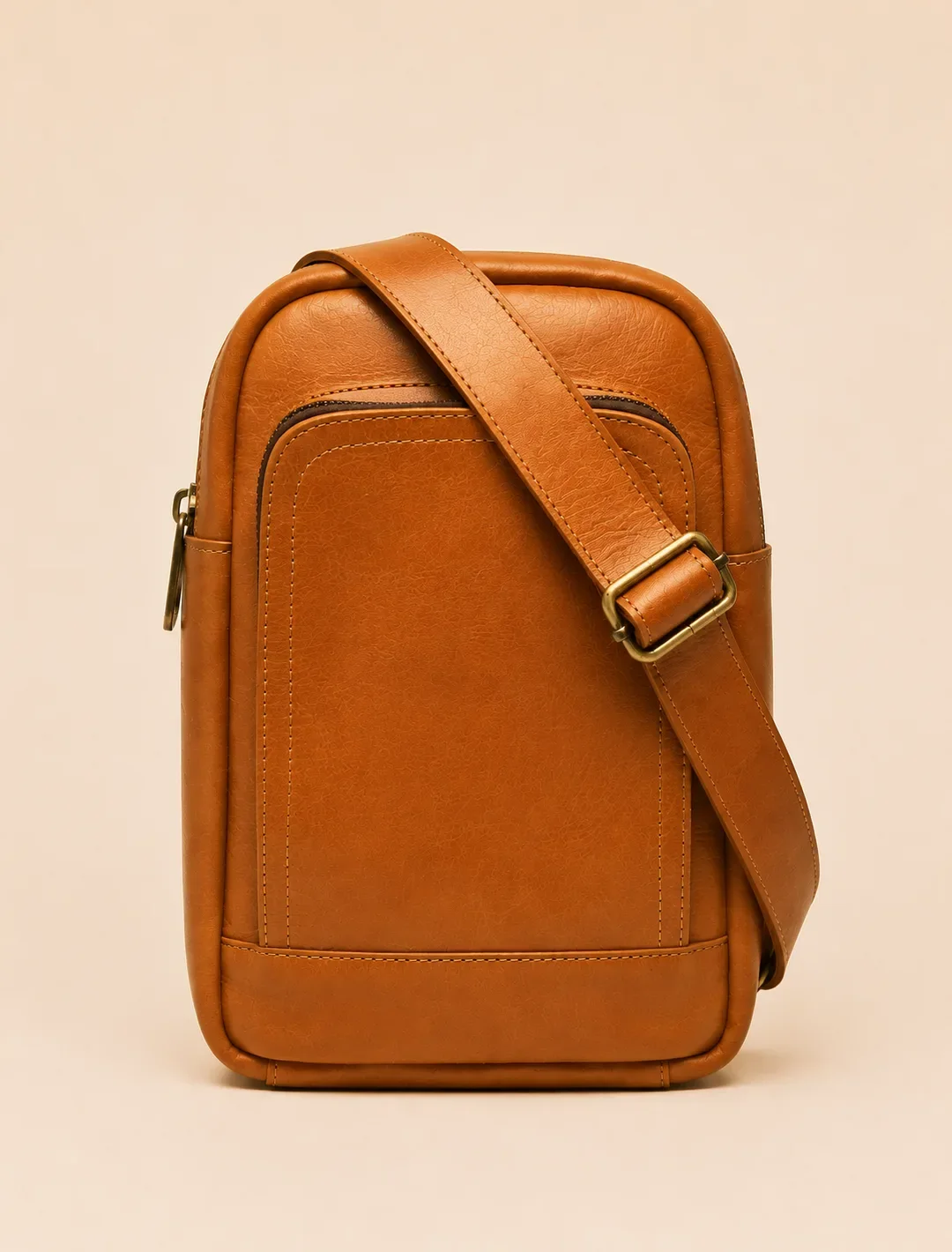 Minimalist Cognac Leather Sling Bag | Vertical Crossbody Chest Bag